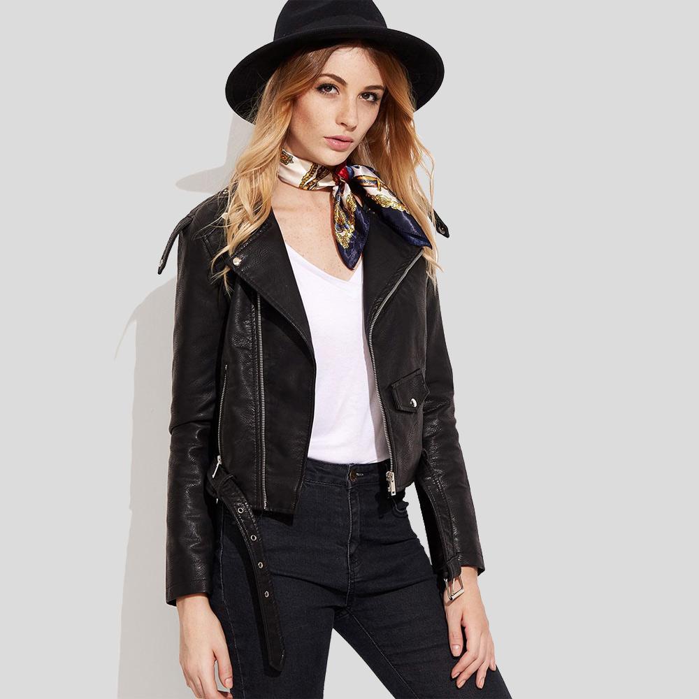 women's black lambskin leather biker jacket sienna detail close up