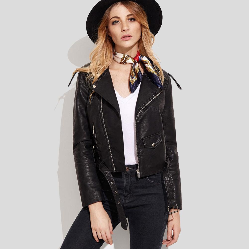 women's black lambskin leather biker jacket sienna front view