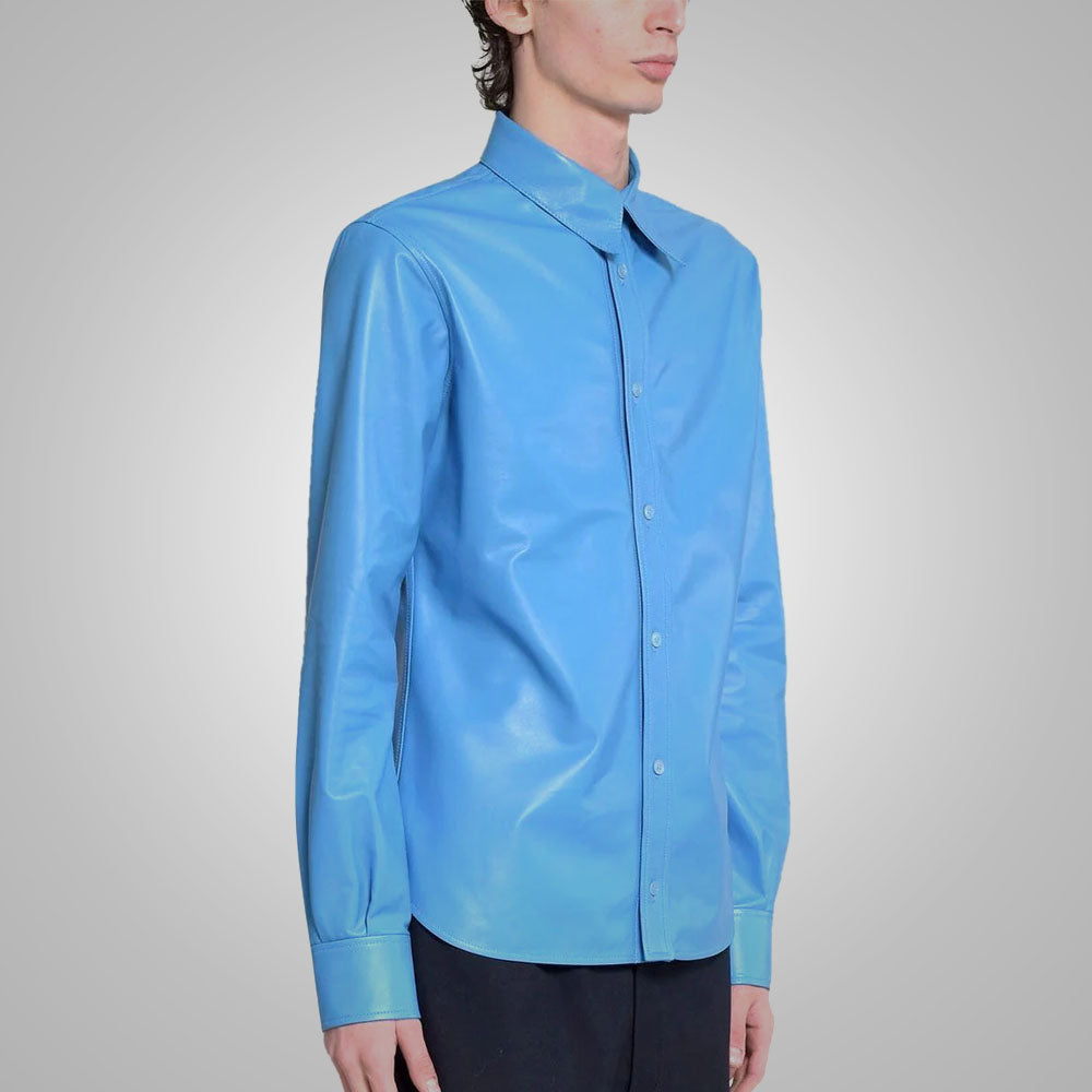 men's sky blue lambskin leather shirt conrad side angle