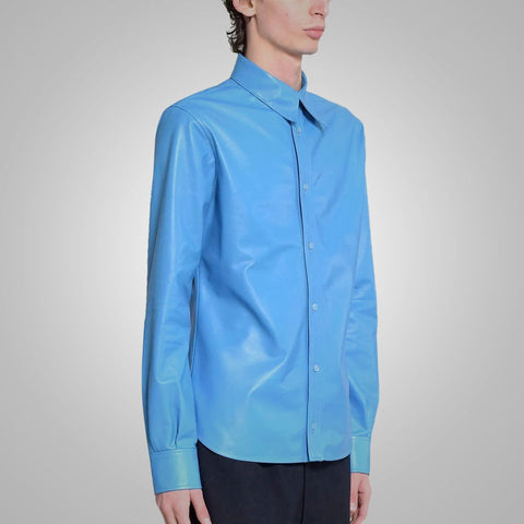 men's sky blue lambskin leather shirt conrad side angle