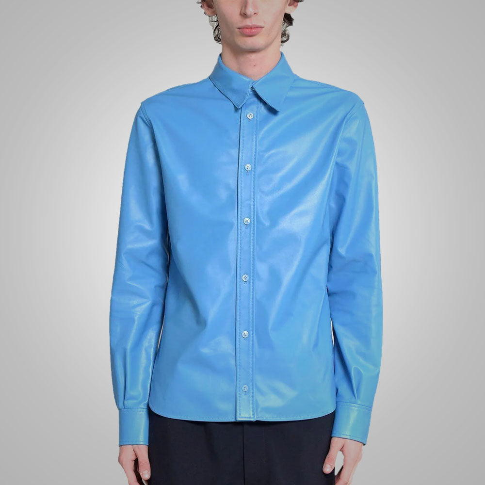men's sky blue lambskin leather shirt conrad back view