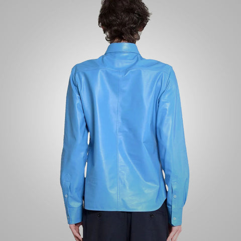 men's sky blue lambskin leather shirt conrad detail close up