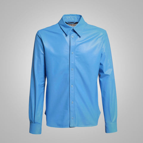men's sky blue lambskin leather shirt conrad front view
