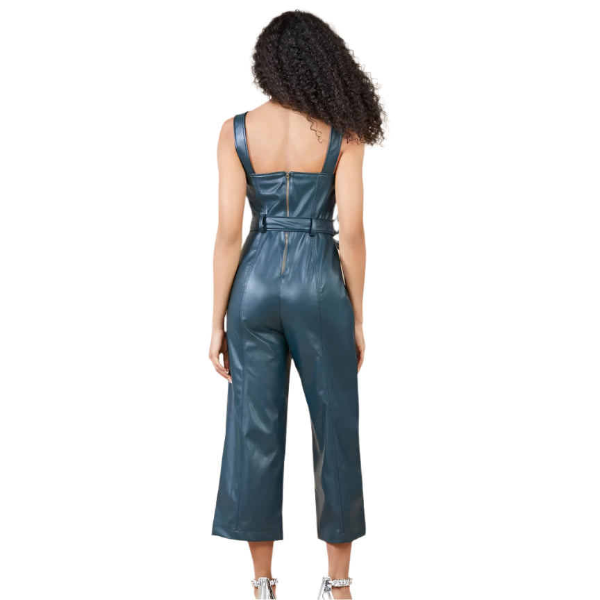 Sleeveless Utility Blue Leather Jumpsuit for Women – Stylish & Functional - AMSEL LEATHERS