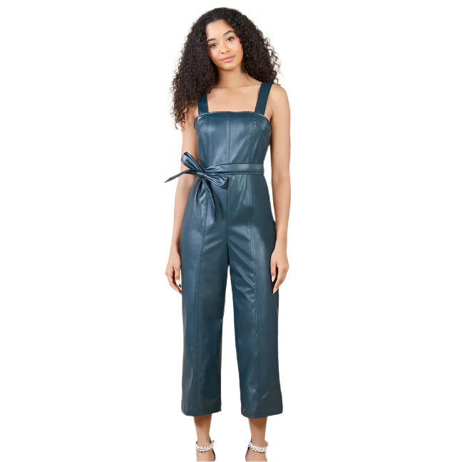 Sleeveless Utility Blue Leather Jumpsuit for Women – Stylish & Functional - AMSEL LEATHERS