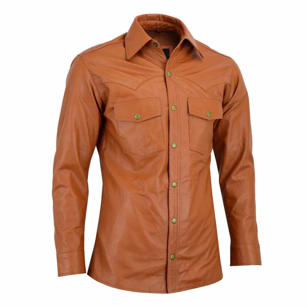 Slim Fit Tan Brown Men Full Sleeve Soft Leather Shirt - AMSEL LEATHERS