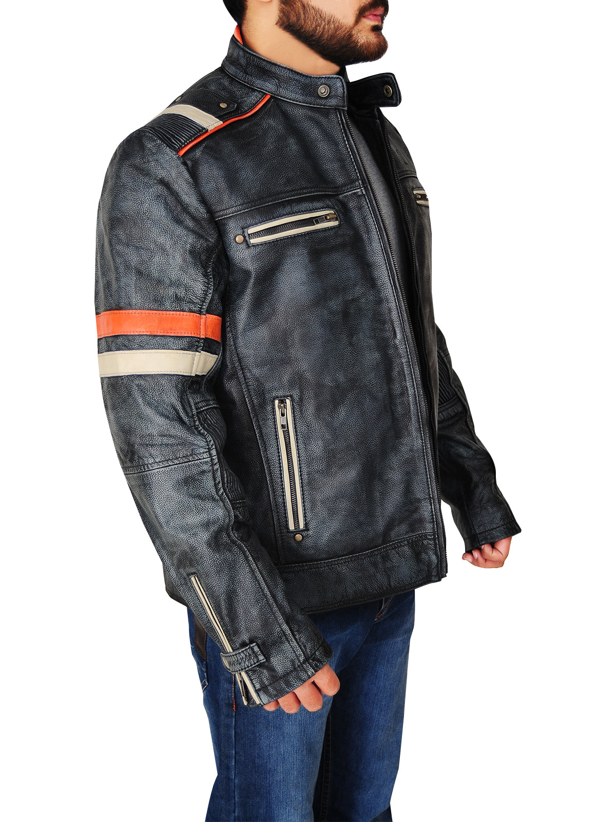 men's black distressed leather racer jacket brenner back view