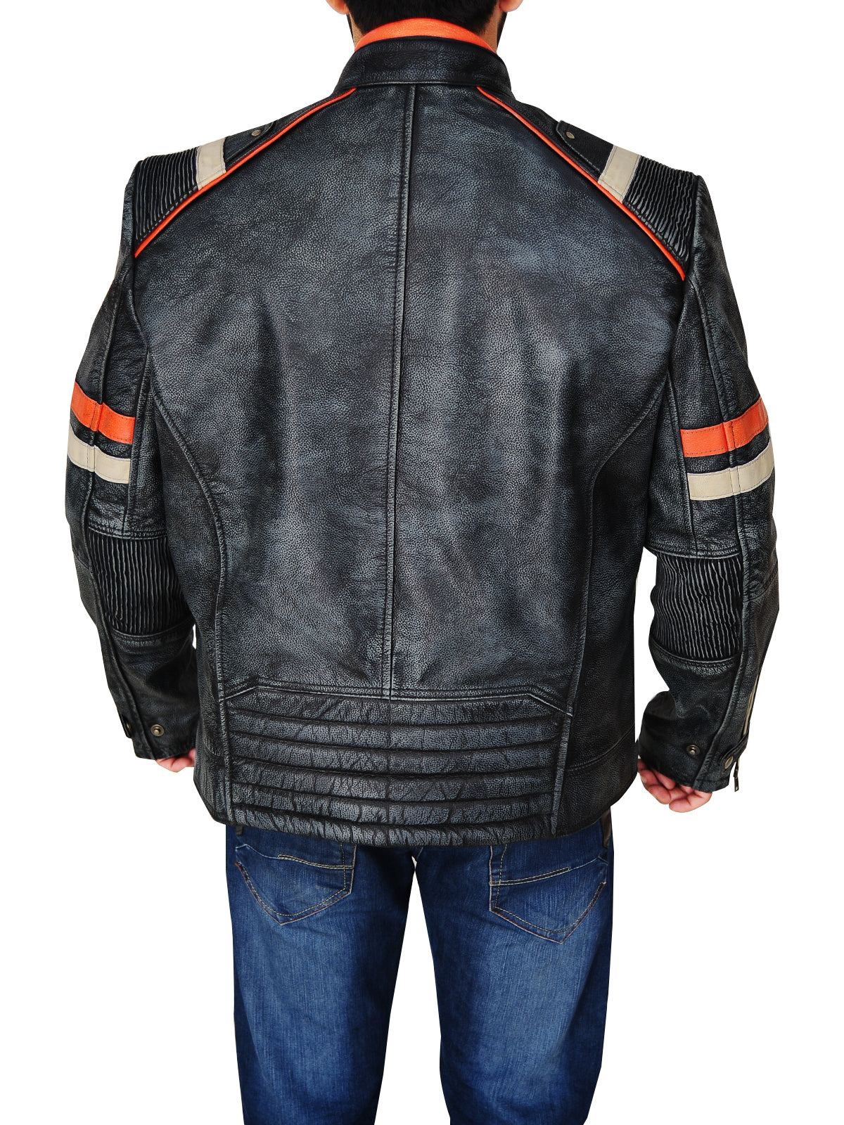men's black distressed leather racer jacket brenner detail close up