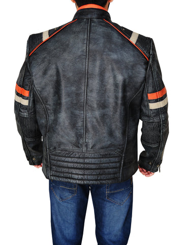 men's black distressed leather racer jacket brenner detail close up