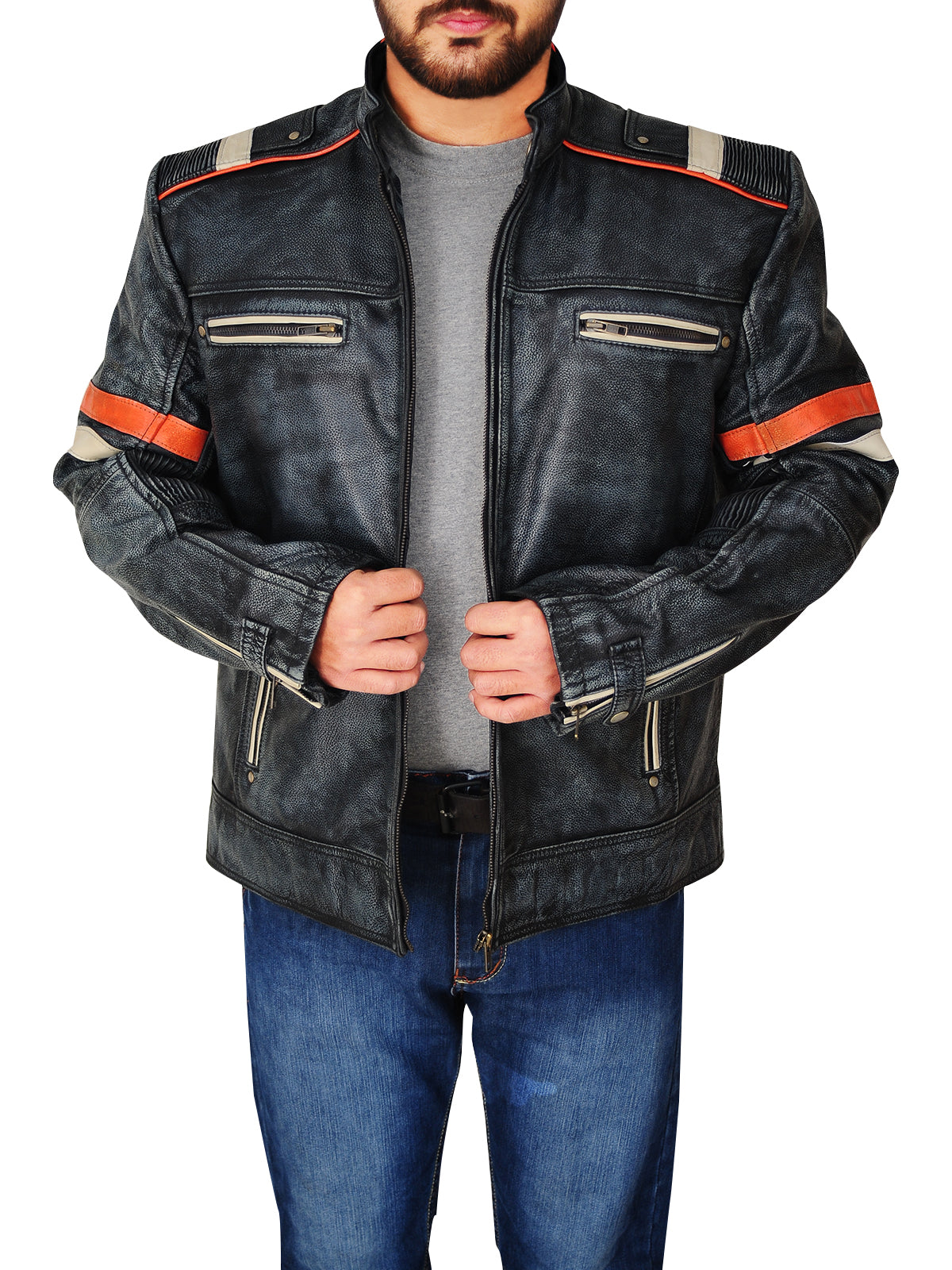 men's black distressed leather racer jacket brenner texture detail