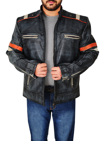 men's black distressed leather racer jacket brenner texture detail