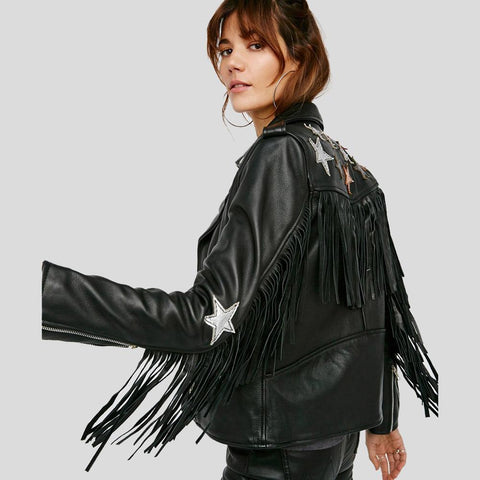 women's black lambskin leather biker jacket nadia side angle
