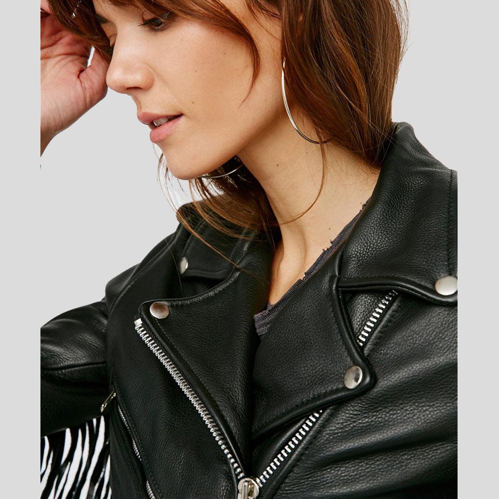 women's black lambskin leather biker jacket nadia back view