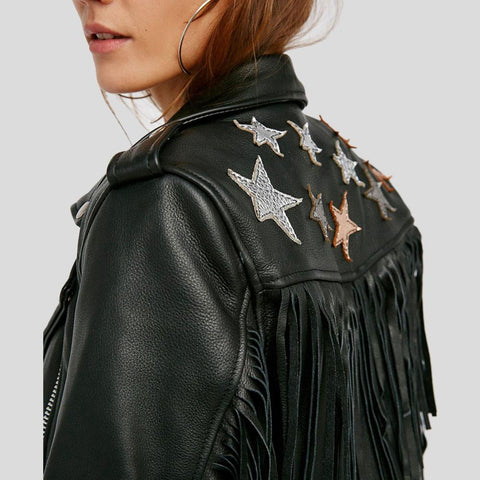 women's black lambskin leather biker jacket nadia detail close up