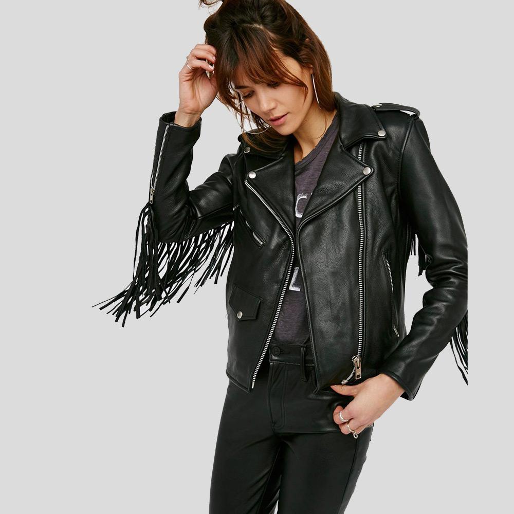 women's black lambskin leather biker jacket nadia front view