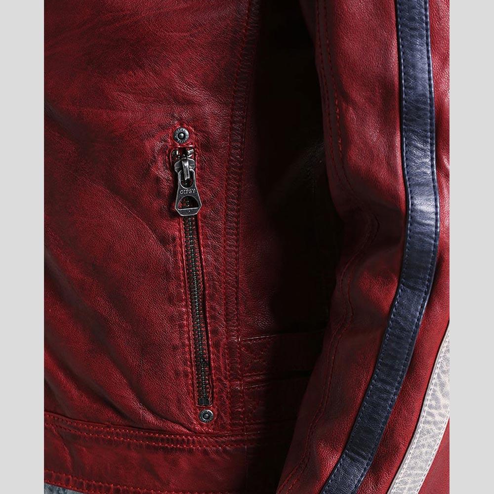 men's red quilted lambskin leather racer jacket alaric detail close up