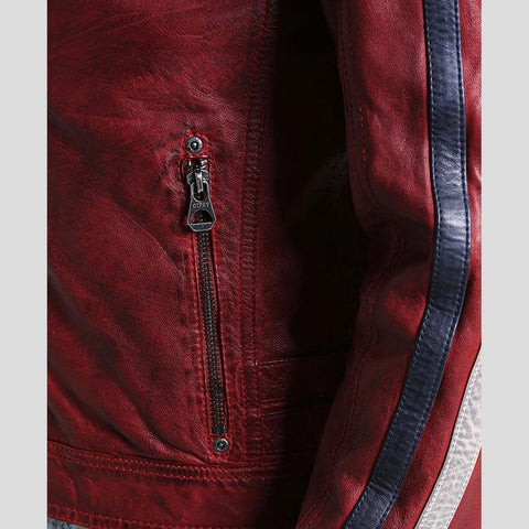 men's red quilted lambskin leather racer jacket alaric detail close up
