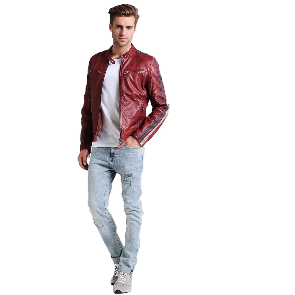 men's red quilted lambskin leather racer jacket alaric texture detail