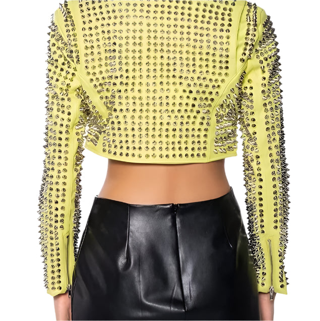 Hot Womens Yellow Punk Brando Studded Leather Biker Jacket - AMSEL LEATHERS