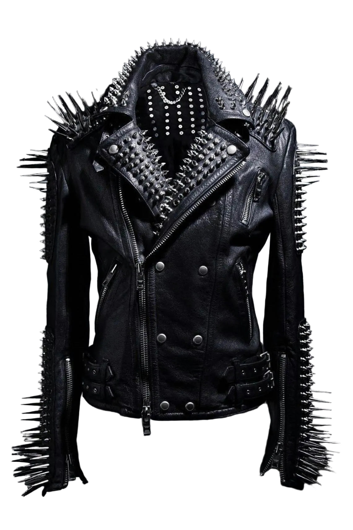 Studded Leather Jacket Women Handmade Full Black Punk Silver Long Spiked