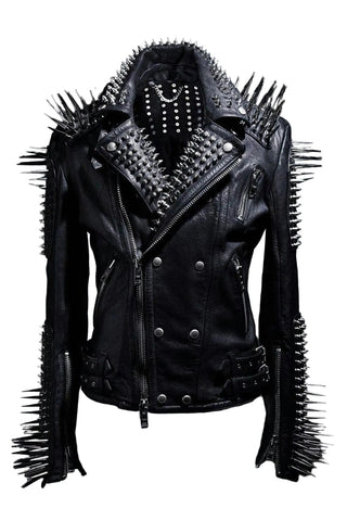 Studded Leather Jacket Women Handmade Full Black Punk Silver Long Spiked