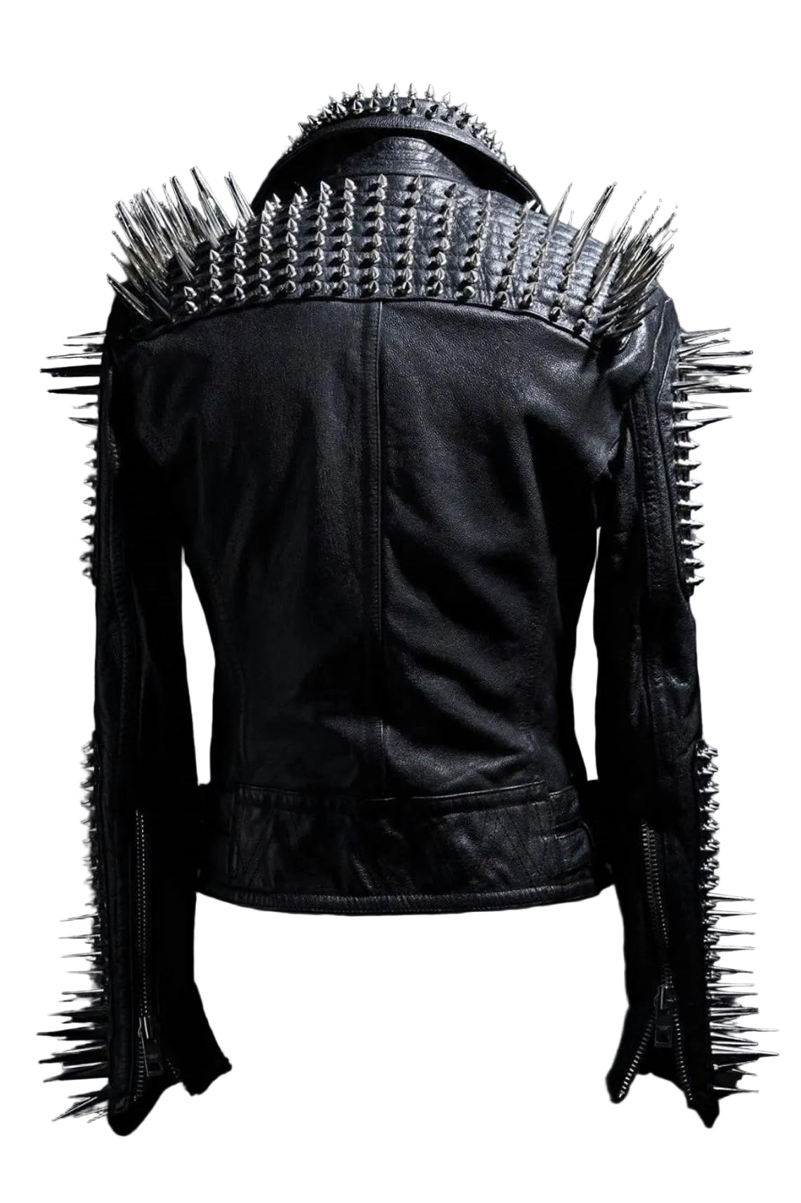 Studded Leather Jacket Women Handmade Full Black Punk Silver Long Spiked
