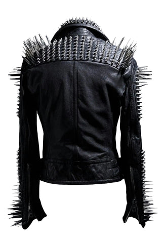 Studded Leather Jacket Women Handmade Full Black Punk Silver Long Spiked