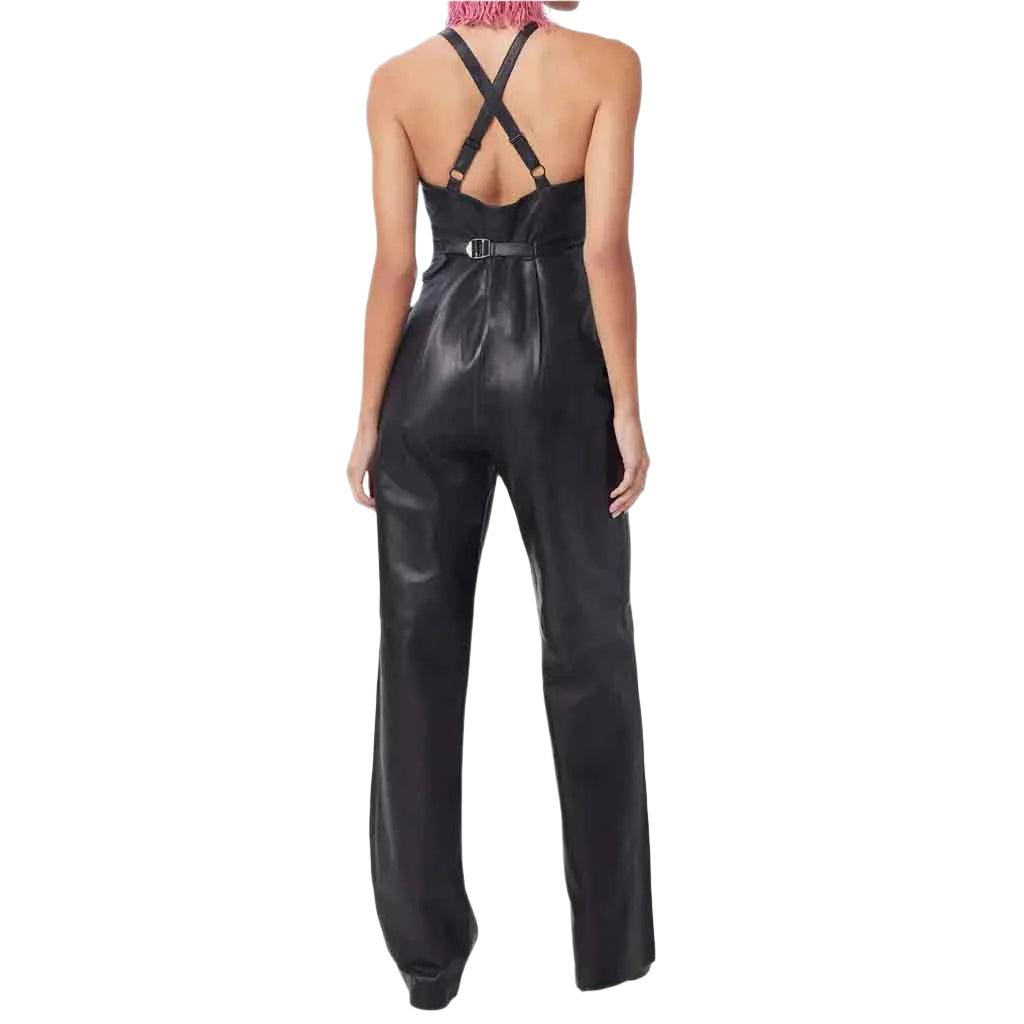 Stylish Black Straight Leg Leather Jumpsuit for Women - AMSEL LEATHERS