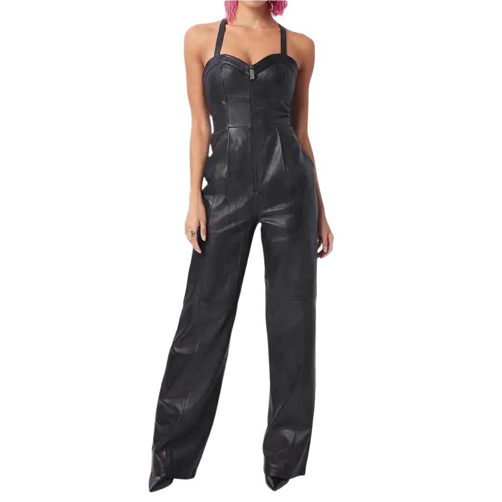 Stylish Black Straight Leg Leather Jumpsuit for Women - AMSEL LEATHERS