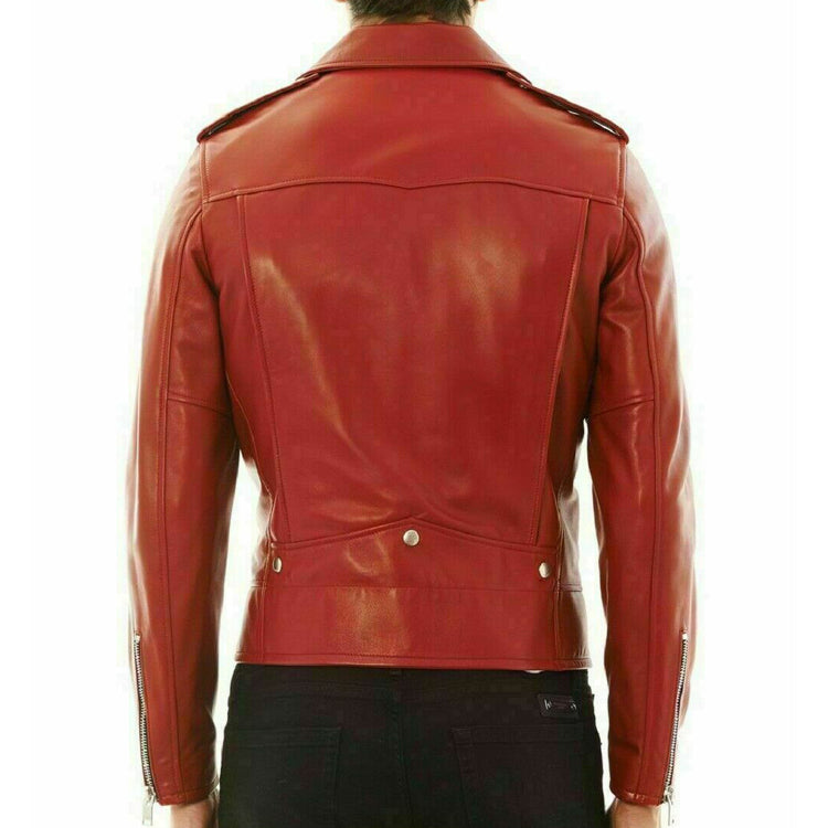 Stylish Men's Red Genuine Leather Biker Jacket - AMSEL LEATHERS