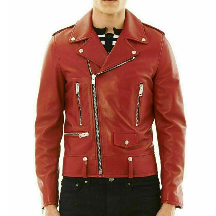 Stylish Men's Red Genuine Leather Biker Jacket - AMSEL LEATHERS