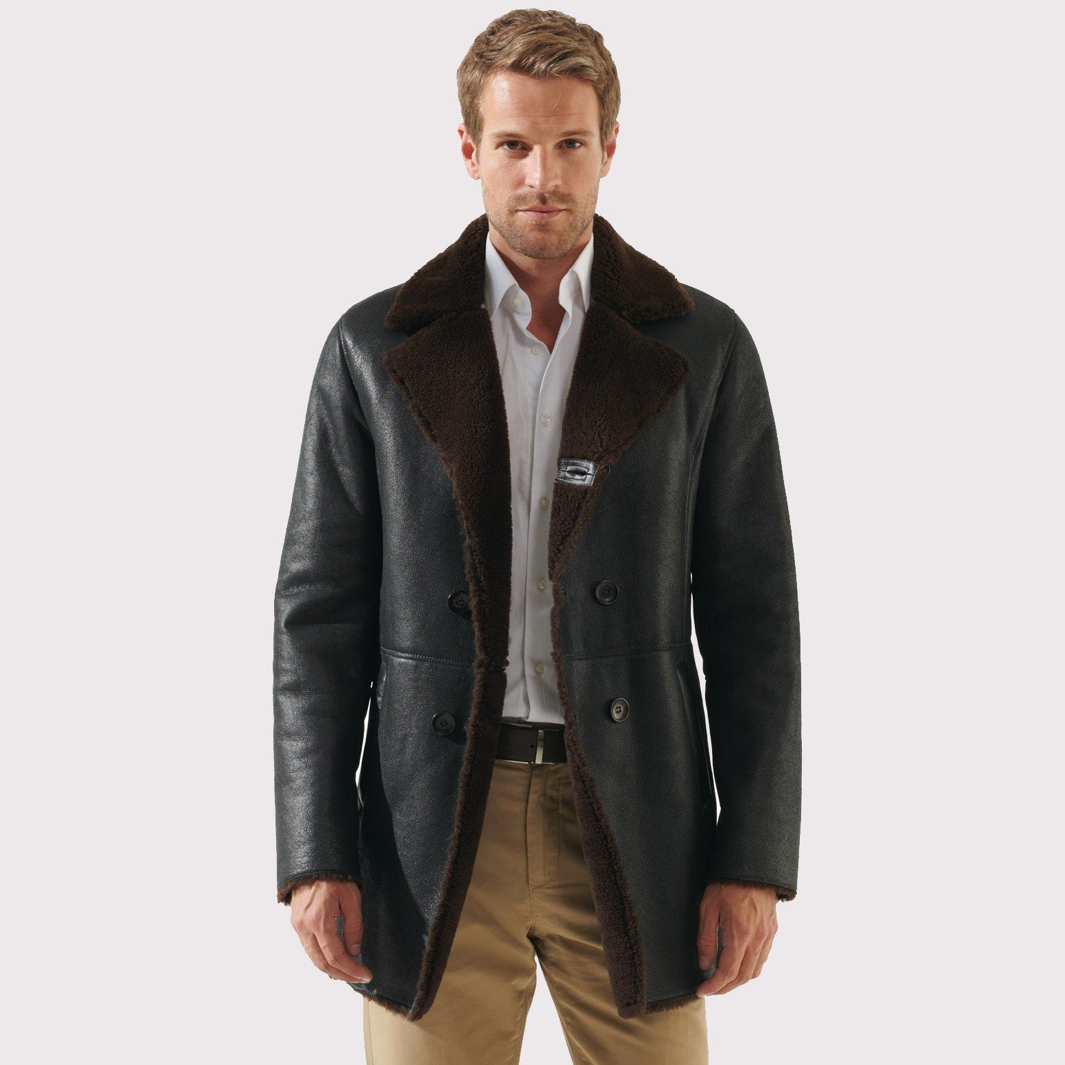 Stylish Men's Tobacco Brown Shearling Coat - Casual Elegance - AMSEL LEATHERS