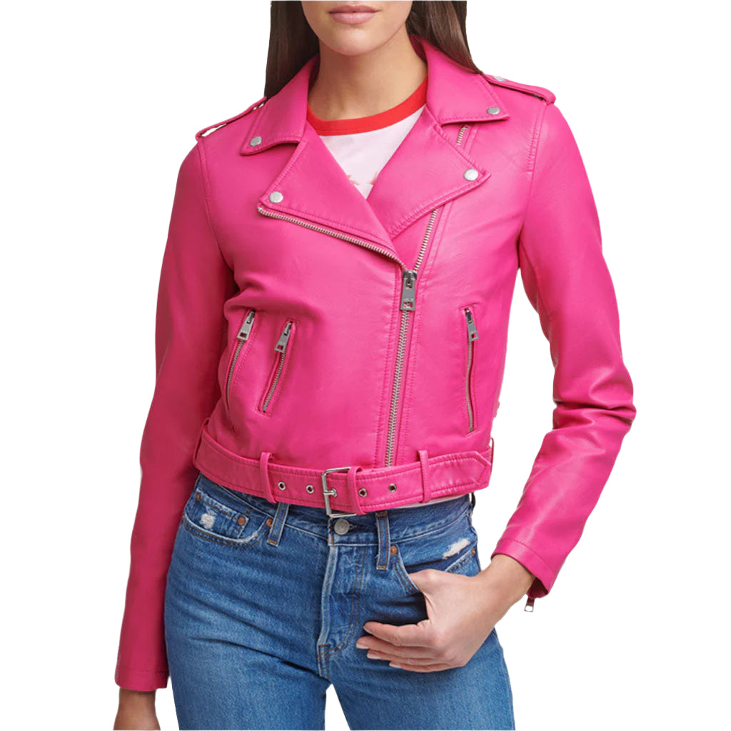 Stylish Bright Pink Women's Biker Leather Jacket - AMSEL LEATHERS