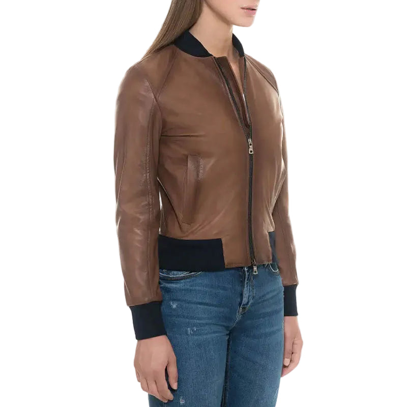 women's brown lambskin leather bomber jacket isolde back view