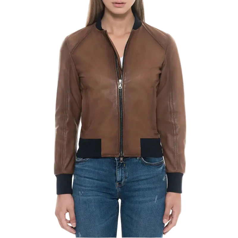women's brown lambskin leather bomber jacket isolde front view
