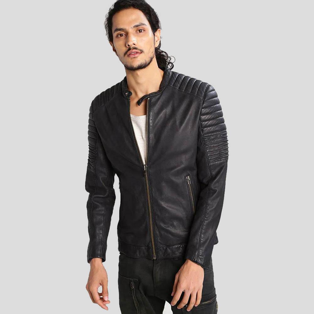 men's black quilted lambskin leather leather jacket marlow front view