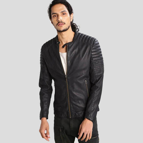 men's black quilted lambskin leather leather jacket marlow front view
