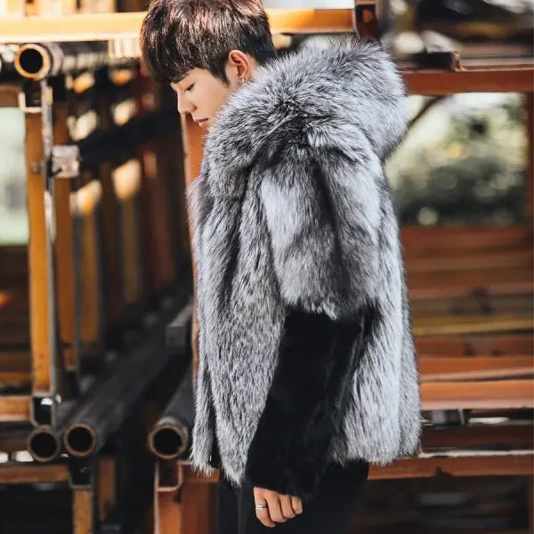 • grey fur hooded leather jacket mens front view

