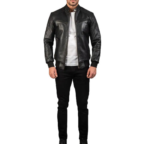 Sven Black Leather Bomber Jacket