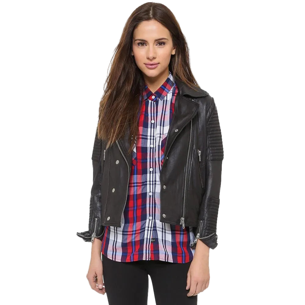 women's black quilted lambskin leather biker jacket elara side angle