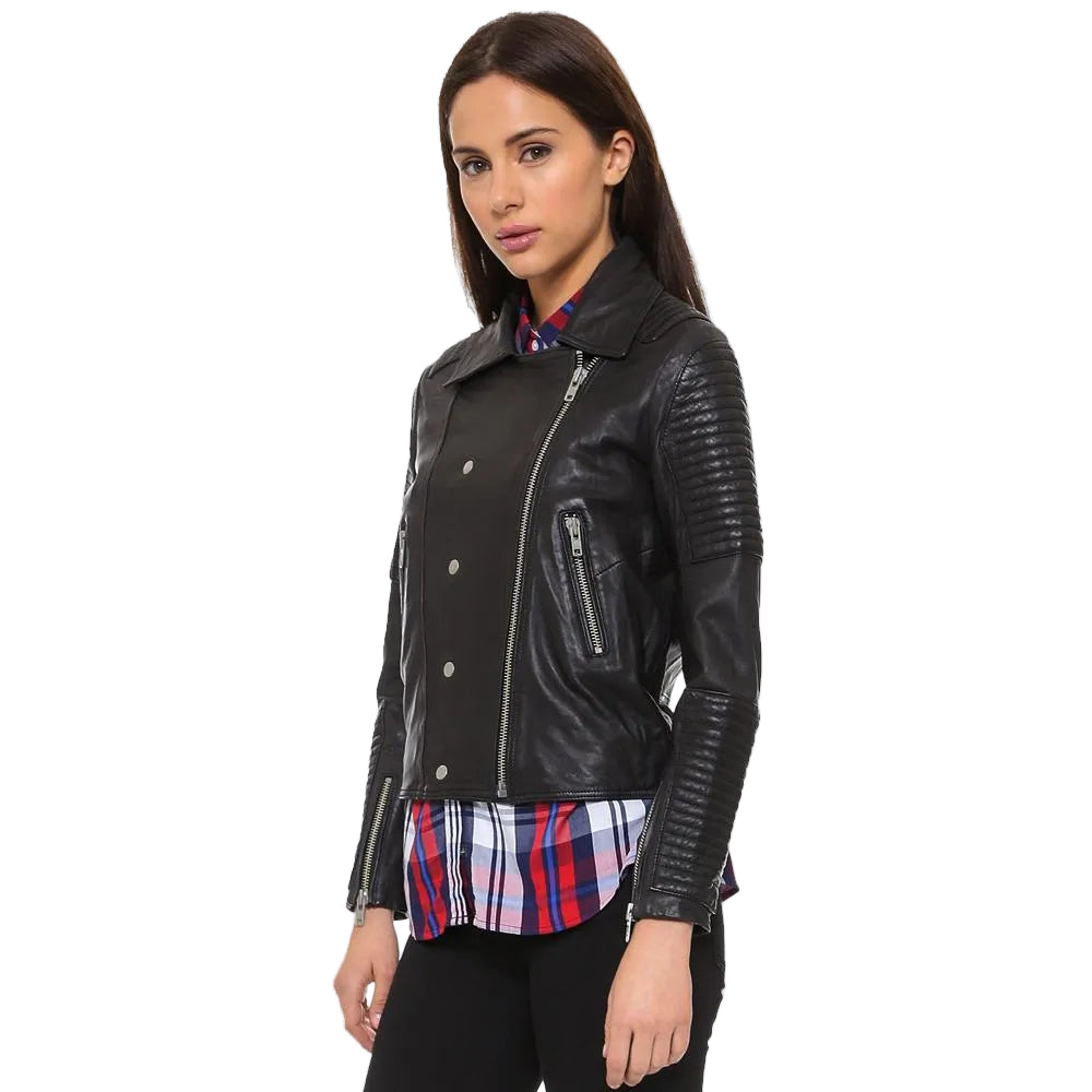 women's black quilted lambskin leather biker jacket elara detail close up