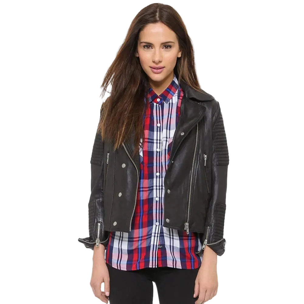 women's black quilted lambskin leather biker jacket elara front view