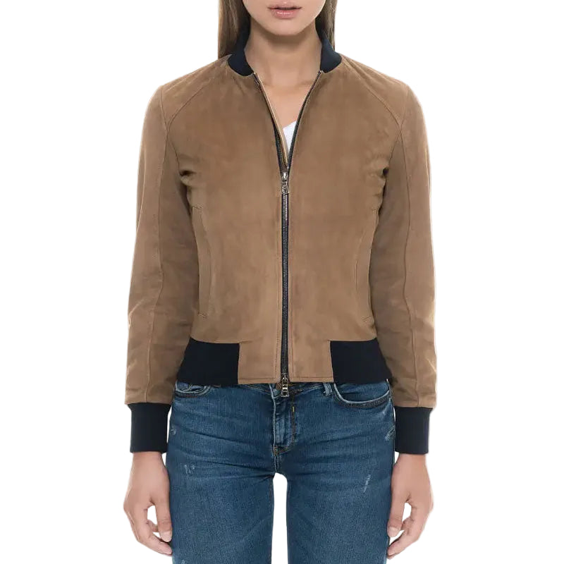 women’s black suede leather bomber jacket front view