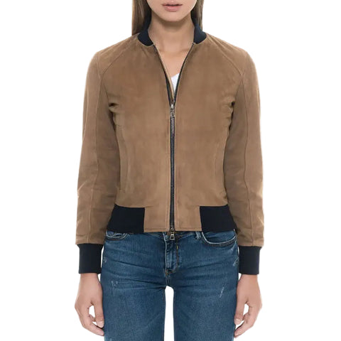 women’s black suede leather bomber jacket front view