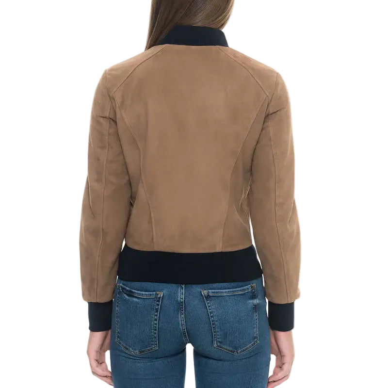 women’s black suede leather bomber jacket side angle