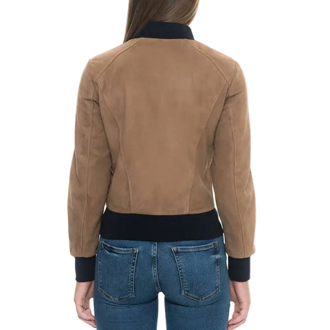 women’s black suede leather bomber jacket side angle