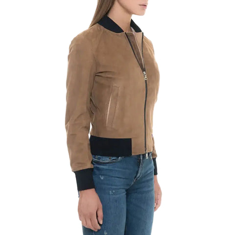 women’s black suede leather bomber jacket back view