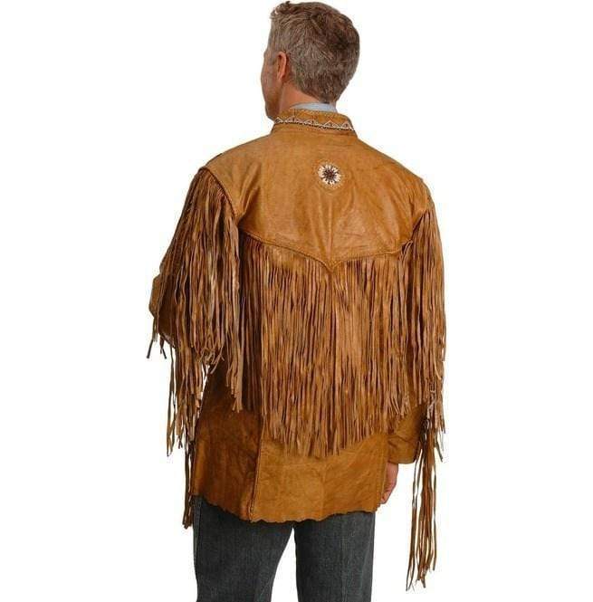 Tan cowboy leather jacket with fringes for men
