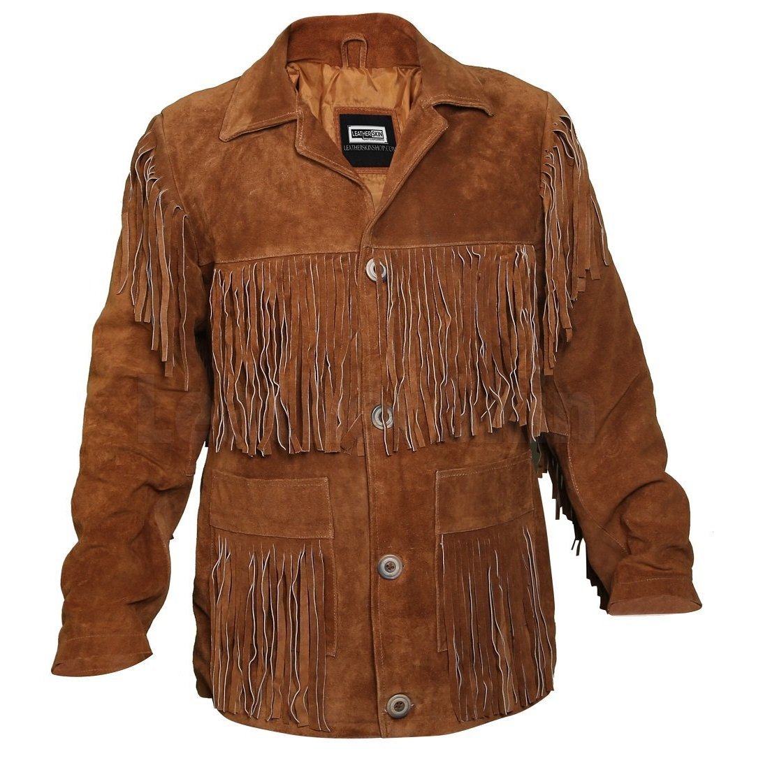 men's black fringe suede leather jacket evren front view