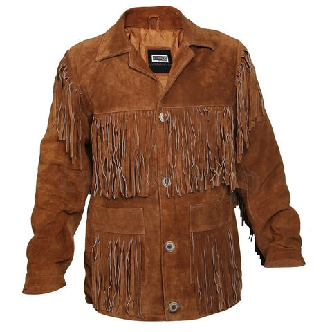 men's black fringe suede leather jacket evren front view